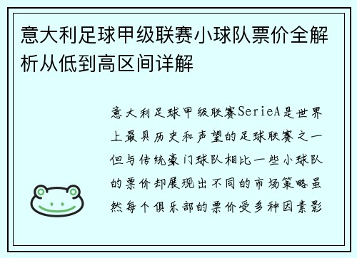 意大利足球甲级联赛小球队票价全解析从低到高区间详解